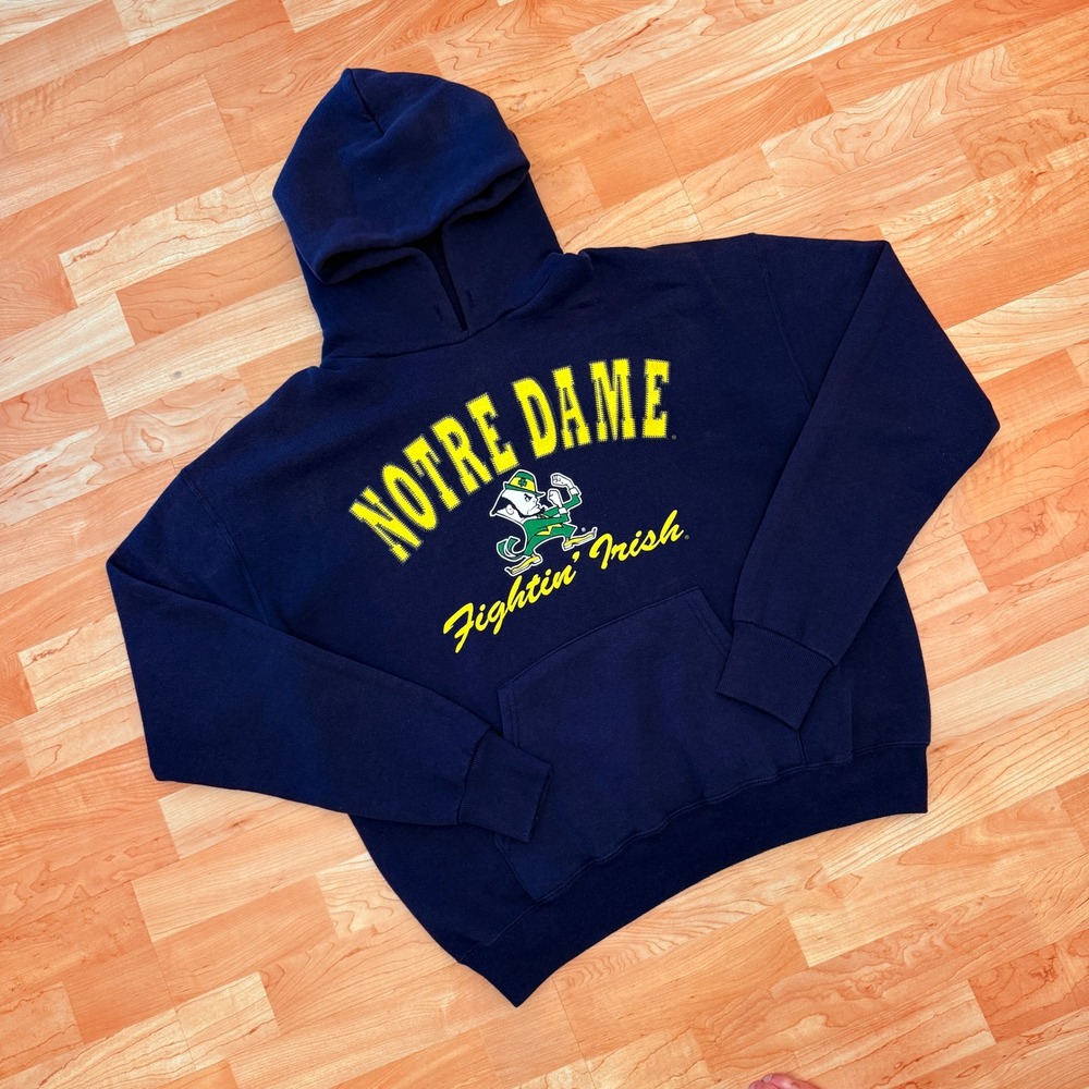 Vintage Nutmeg Mills Notre Dame Fightin Irish Hoodie Navy Blue Mens Medium